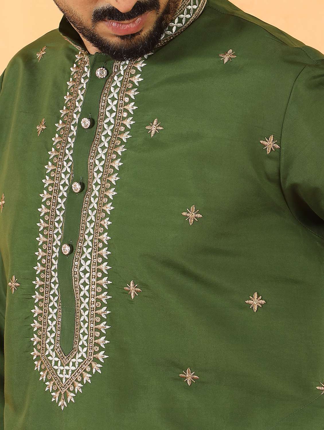 men solid with work mandarin neck long kurta - 22619267 -  Standard Image - 1
