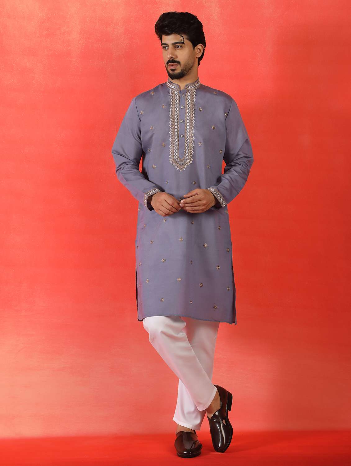 men solid with work mandarin neck long kurta