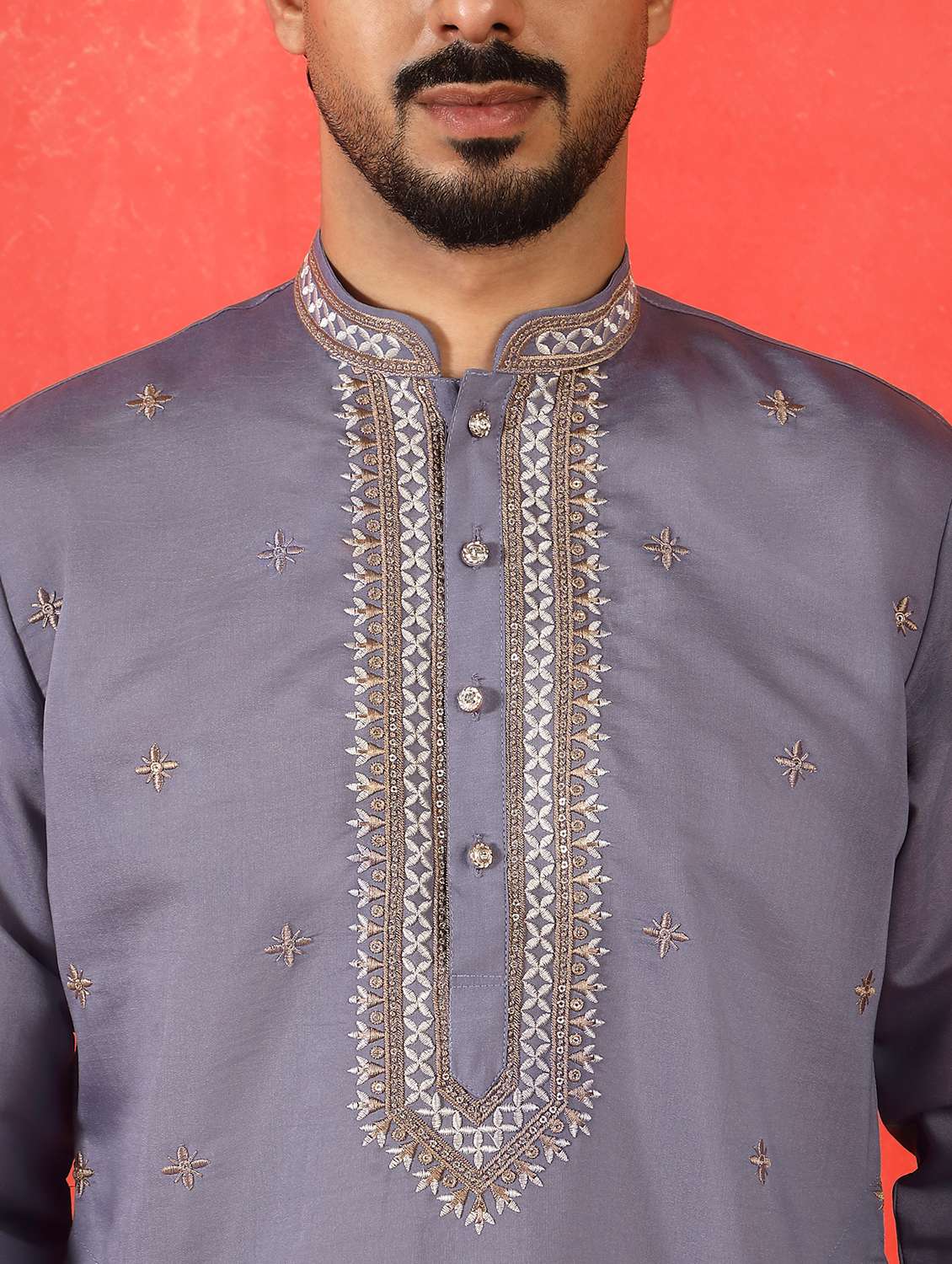 men solid with work mandarin neck long kurta - 22619268 -  Standard Image - 1