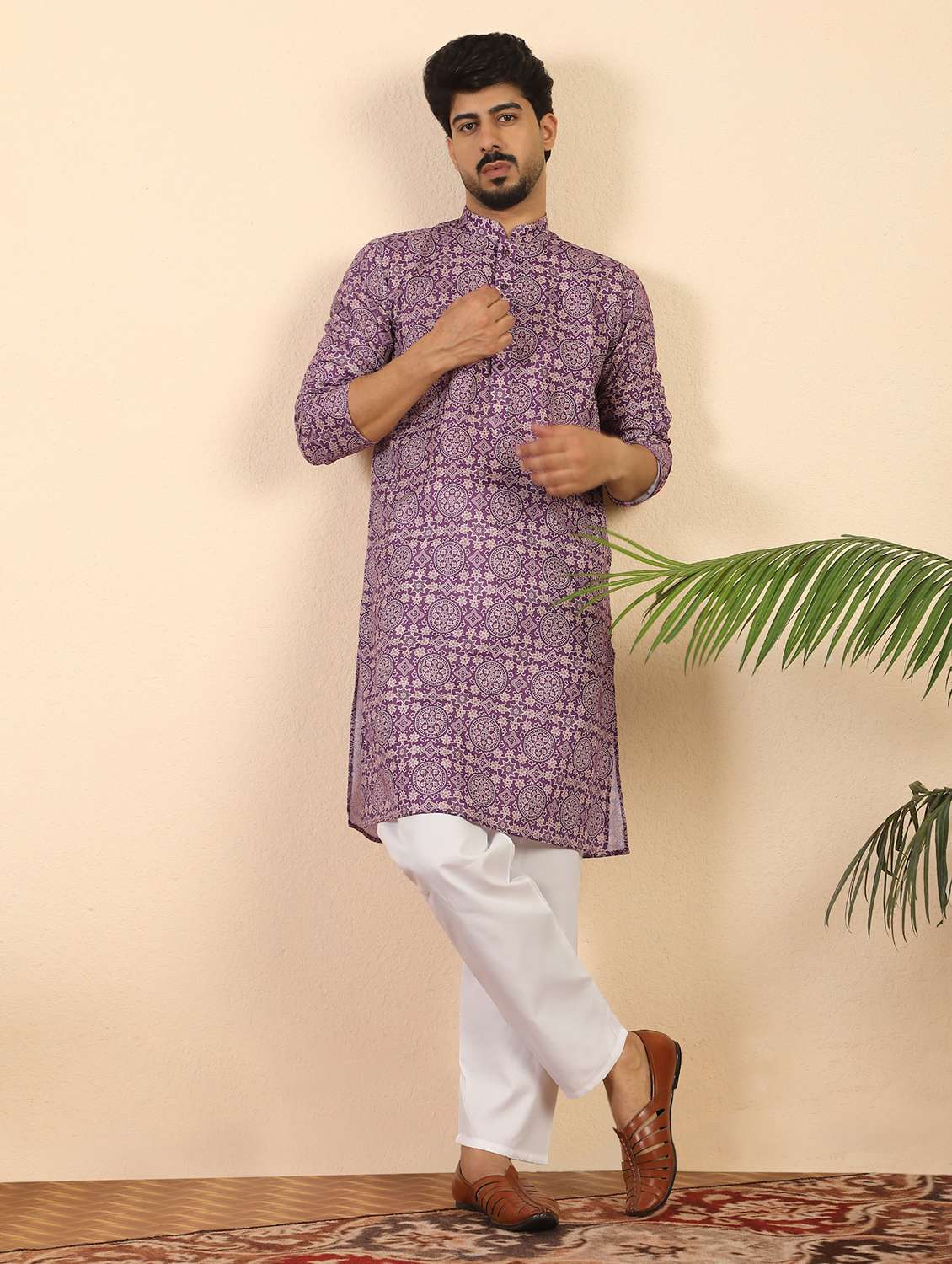 men printed mandarin neck long kurta