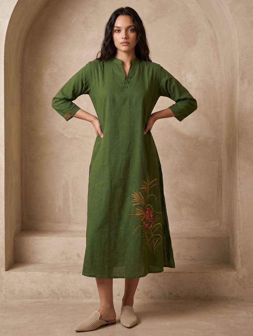 women embroidered three quarter sleeves a-line dress