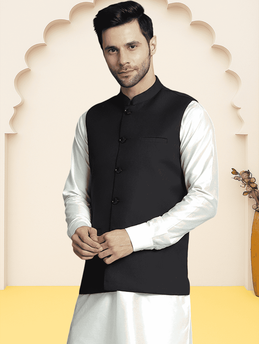 Men Solid Sleeveless Regular Fit Nehru Jacket - 22619383 -  Standard Image - 1