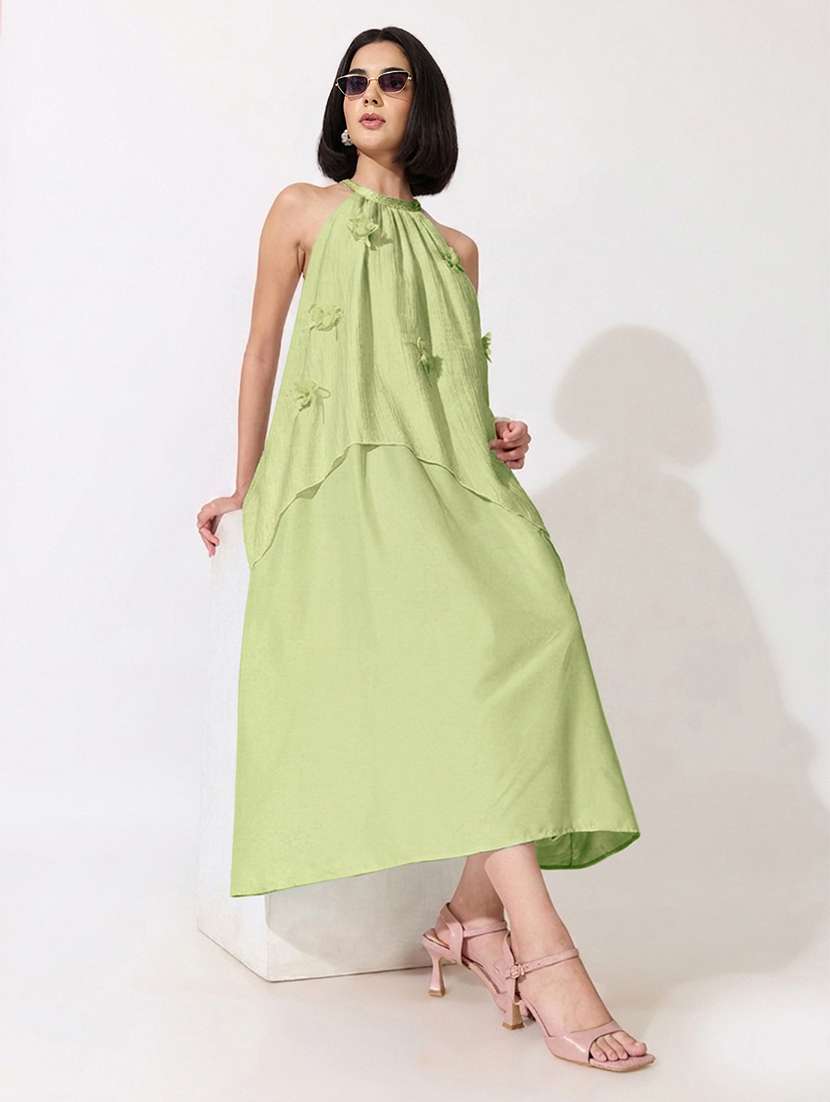 women solid applique detailed halter neck layered dress