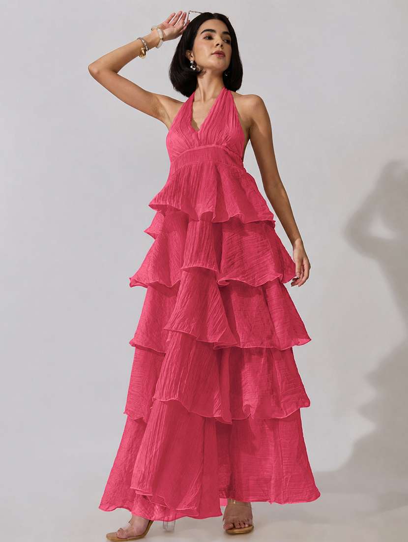 women solid halter neck layered dress