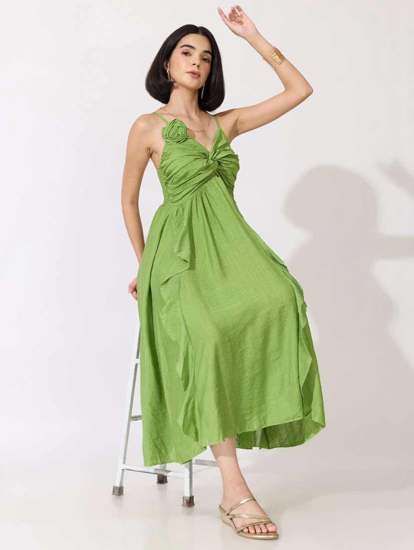 women solid shoulder strap ruffle dress