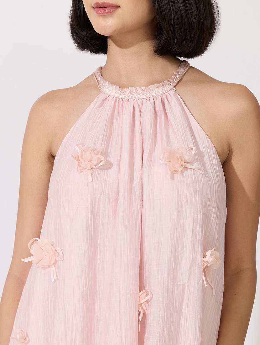 Women Solid Applique Detailed Halter Neck Layered Dress - 22619470 -  Standard Image - 1