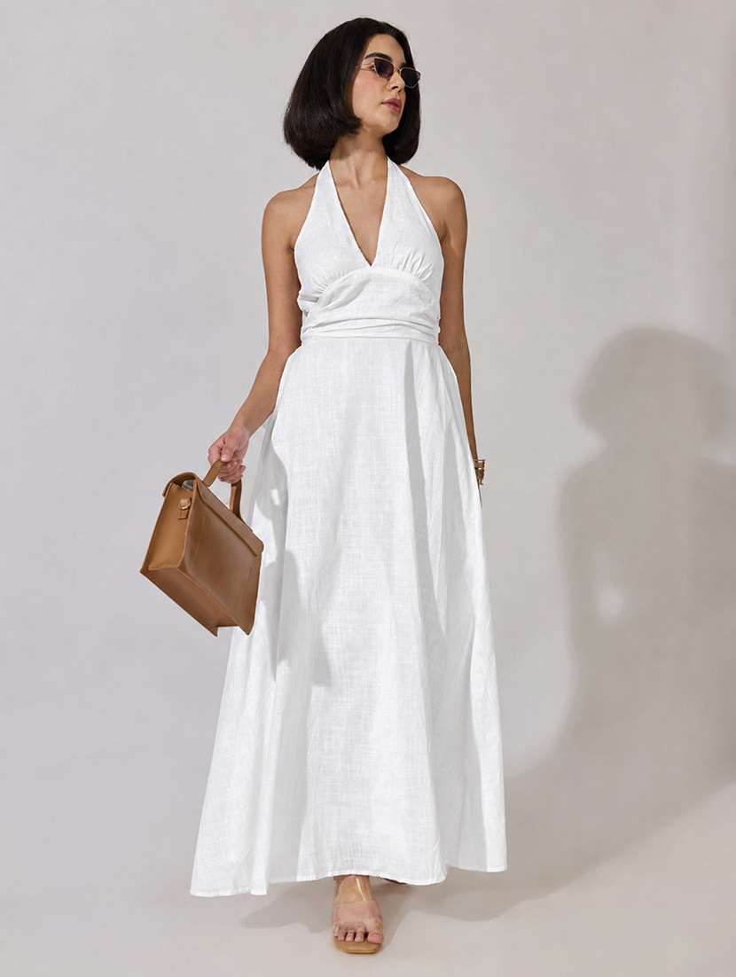 women solid halter neck fit and flare dress