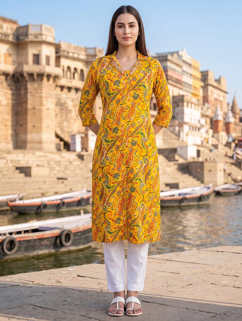 women printed three quarter sleeves straight kurta