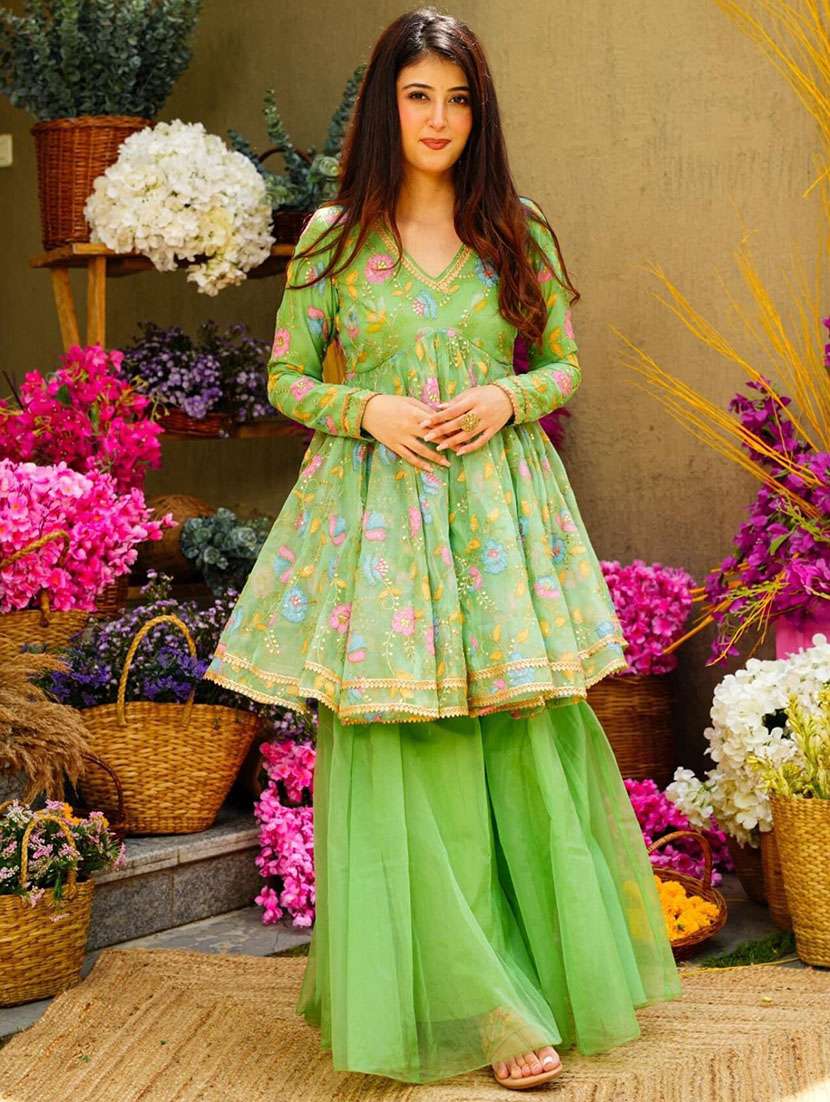 women embroidered long sleeves kurta sharara set