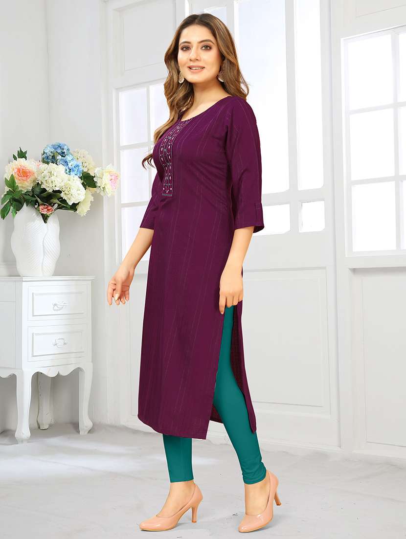 women self design three quarter sleeves straight kurta - 22624737 -  Standard Image - 1