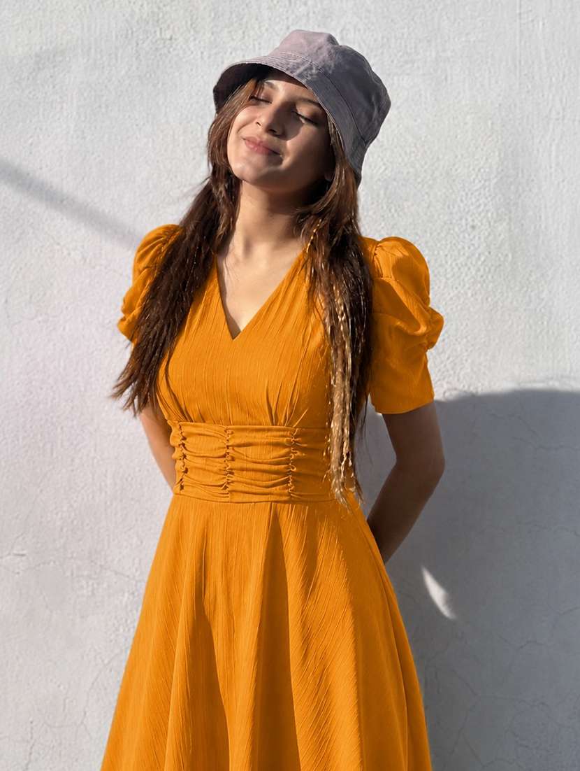 women solid puff sleeves fit and flare dress - 22624794 -  Standard Image - 1
