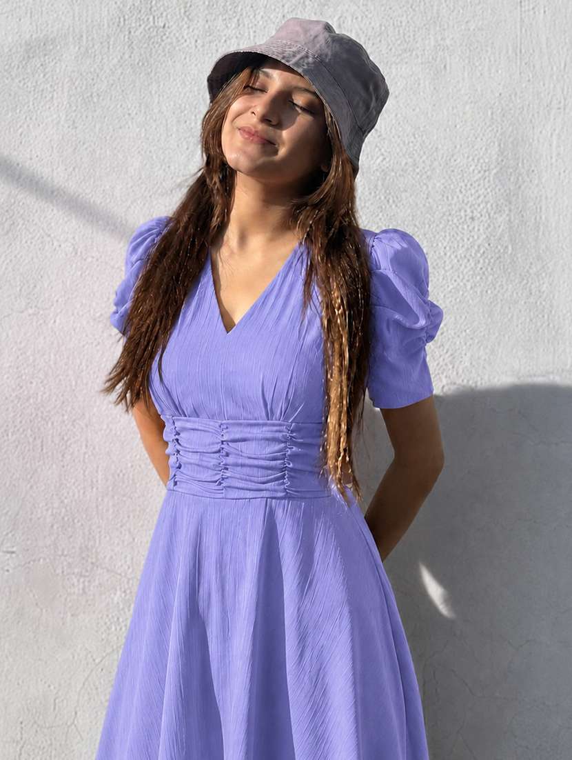 women solid puff sleeves fit and flare dress - 22624796 -  Standard Image - 1