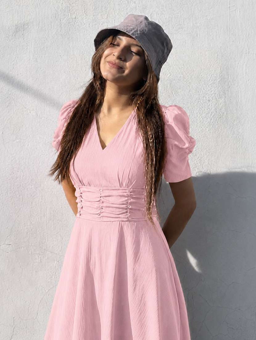 women solid puff sleeves fit and flare dress - 22624799 -  Standard Image - 1