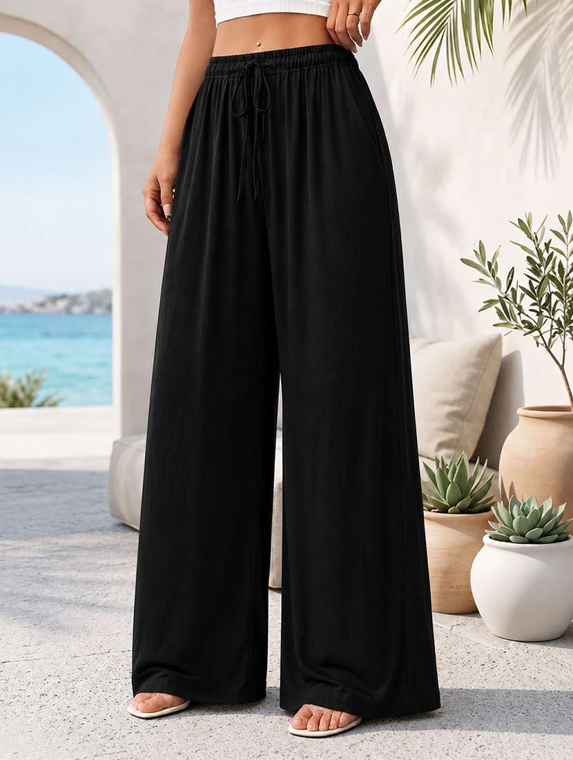 women solid high rise wide leg trouser - 22624814 -  Standard Image - 1