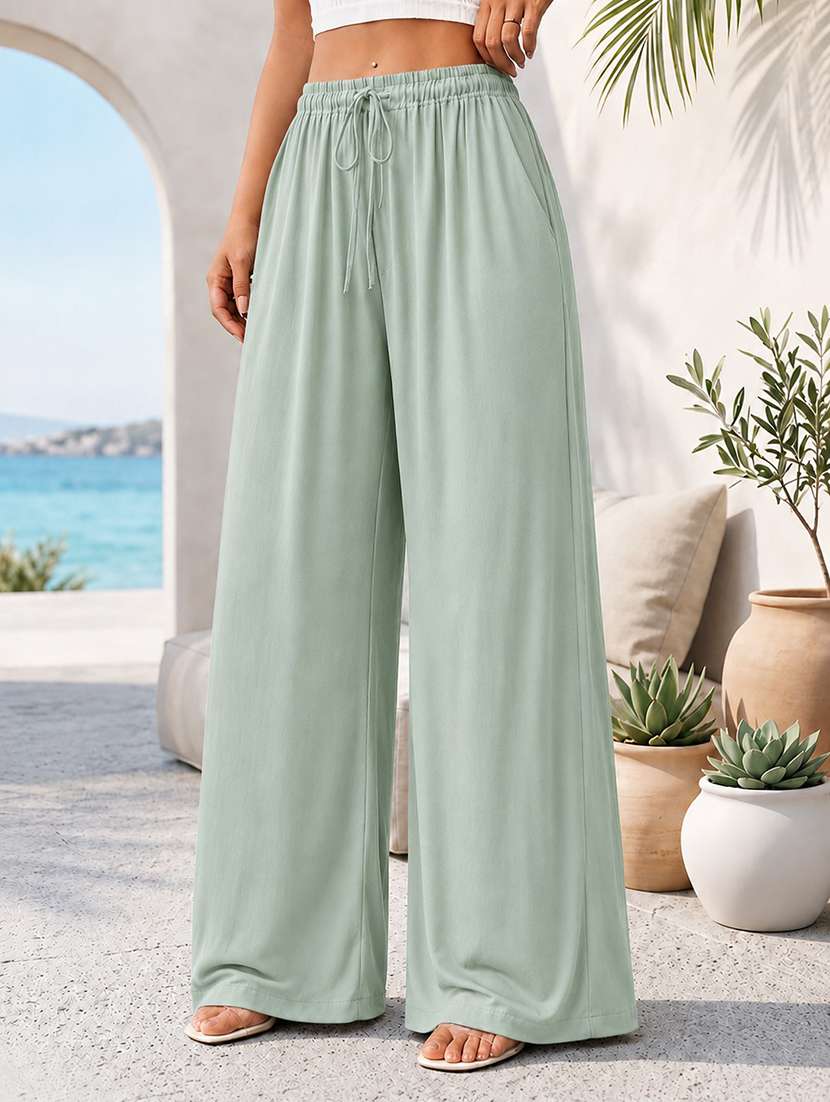 women solid mid rise wide leg trouser - 22624821 -  Standard Image - 1