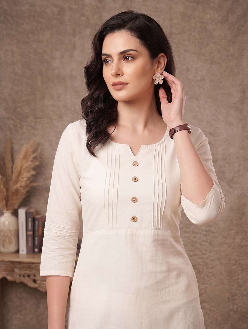 women solid three quarter sleeve straight kurta - 22625689 -  Standard Image - 1