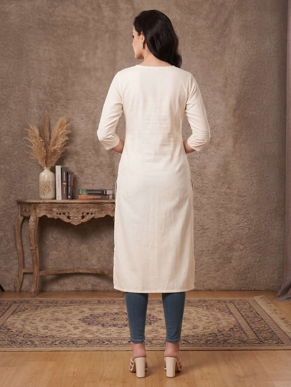 women solid three quarter sleeve straight kurta - 22625689 -  Standard Image - 4