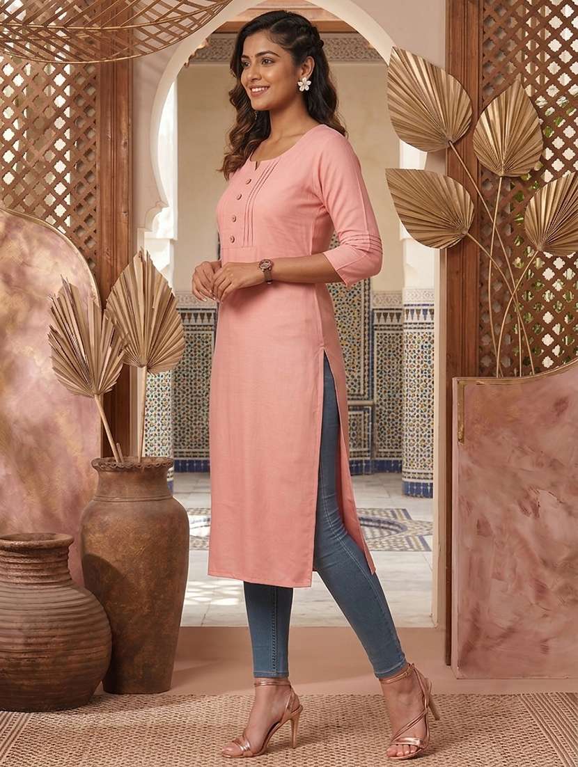 women solid three quarter sleeve straight kurta - 22625691 -  Standard Image - 1