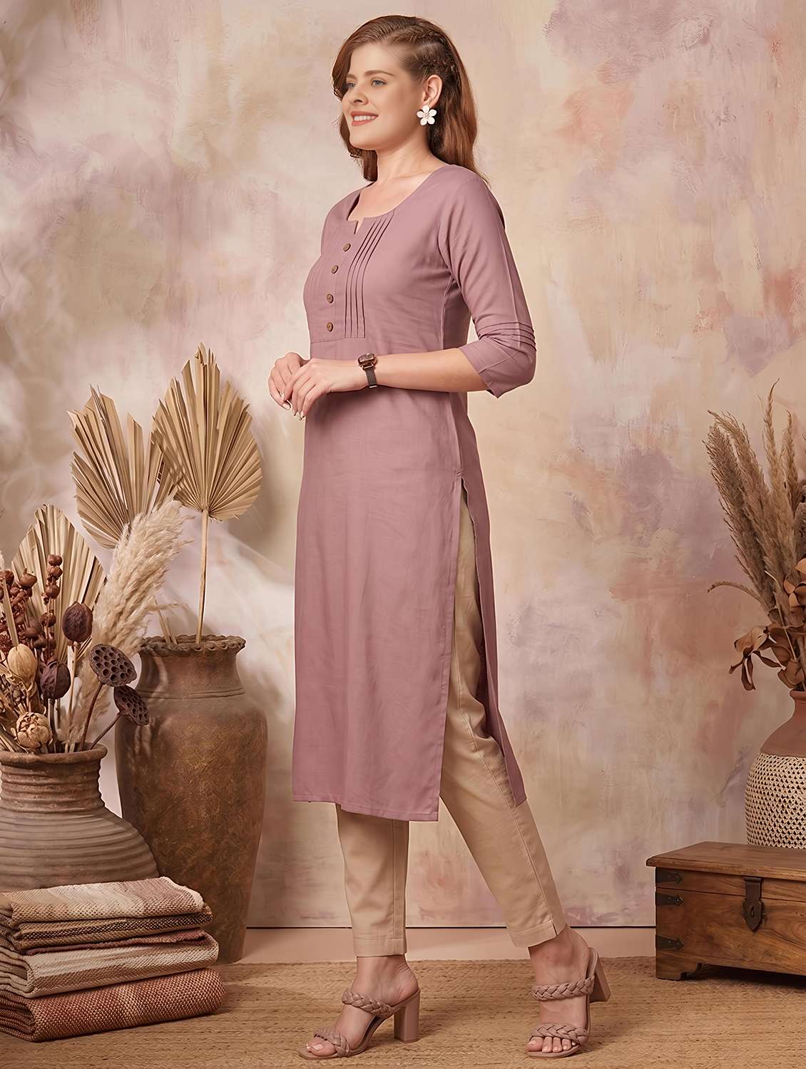 women solid three quarter sleeves straight kurta - 22625693 -  Standard Image - 1