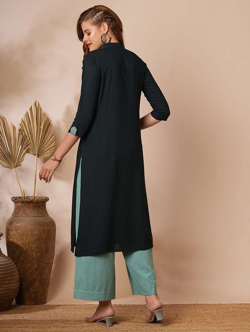 women solid three quarter sleeves straight kurta - 22625694 -  Standard Image - 4