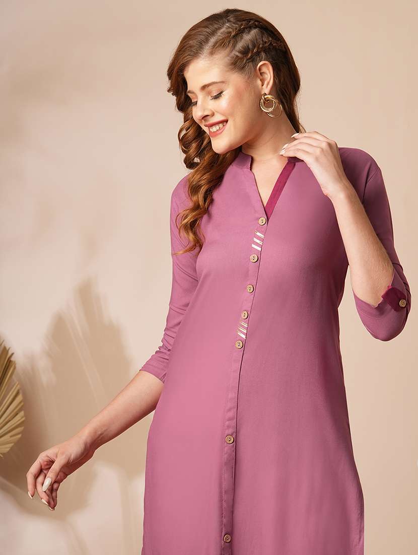 women solid three quarter sleeves straight kurta - 22625695 -  Standard Image - 1