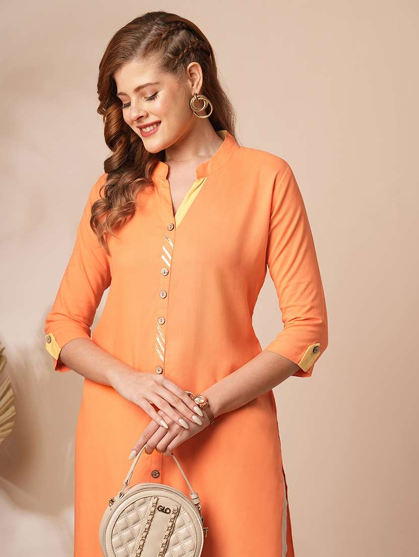 women solid three quarter sleeves straight kurta - 22625696 -  Standard Image - 1