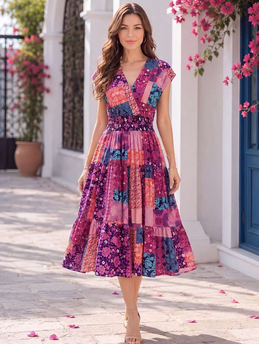 Women Printed V Neck Tiered Dress - 22626291 -  Standard Image - 1