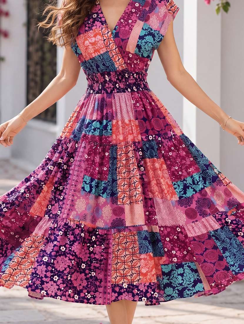 Women Printed V Neck Tiered Dress - 22626291 -  Standard Image - 4