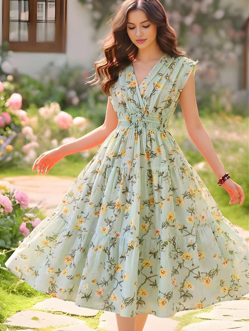 women floral printed v neck tiered dress - 22626292 -  Standard Image - 1