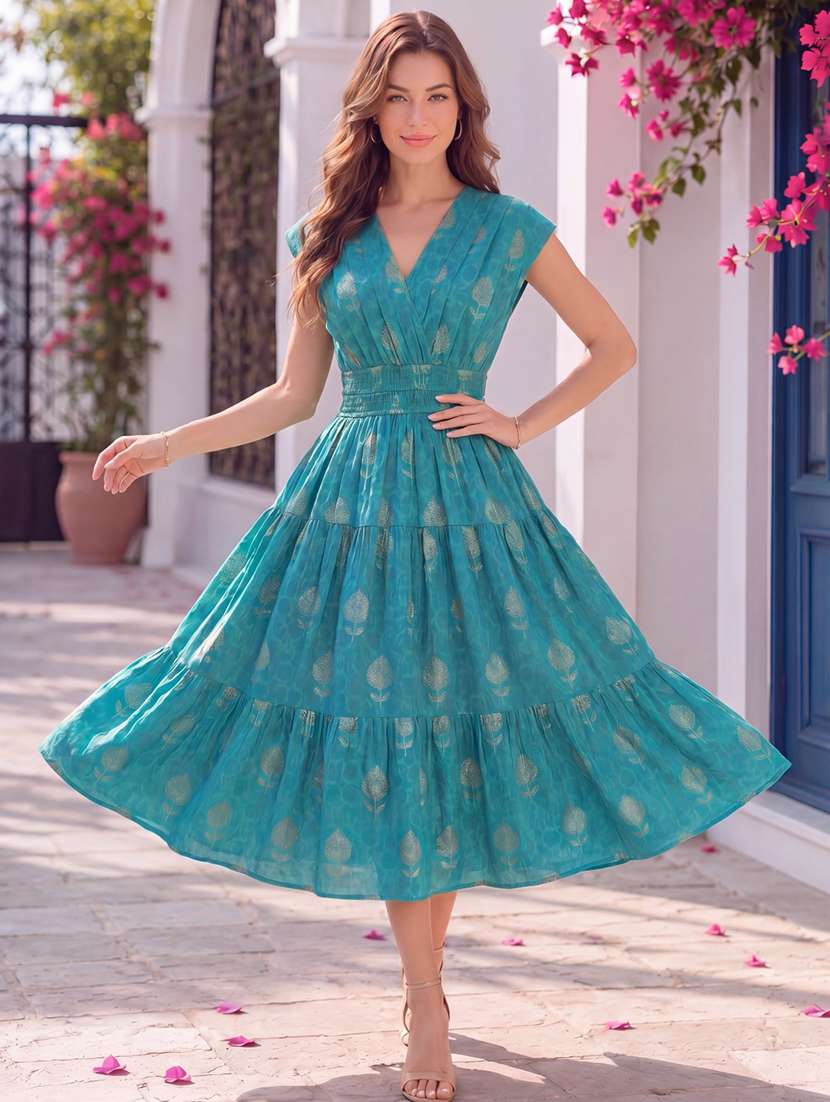 women foil printed v neck tiered dress - 22626294 -  Standard Image - 1