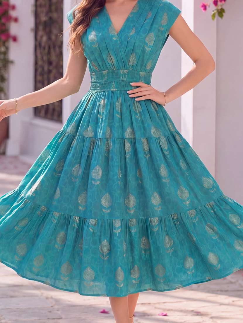 women foil printed v neck tiered dress - 22626294 -  Standard Image - 4