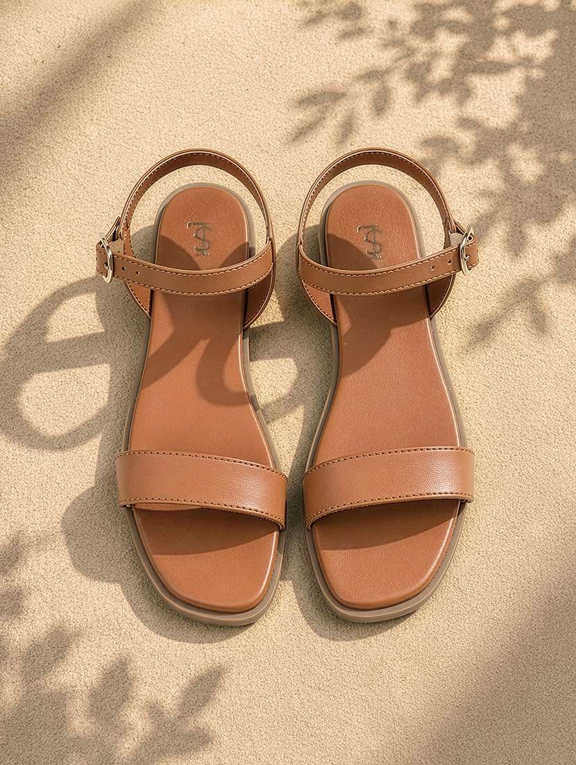 women tan ankle strap flat sandal 