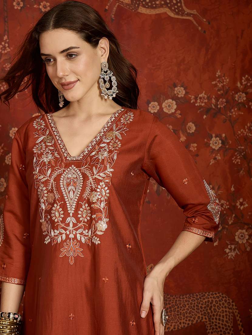 women embroidered three quarter sleeve kurta pant with dupatta set - 22626450 -  Standard Image - 1
