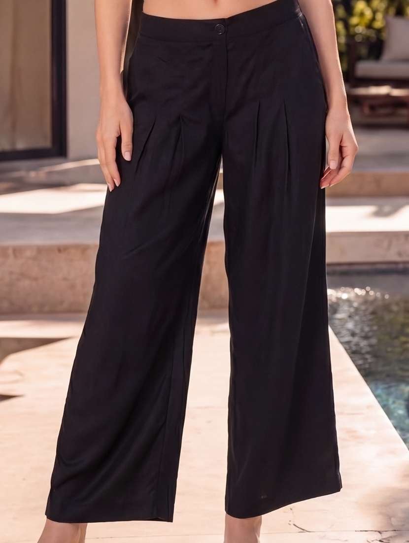 women solid mid rise straight palazzo