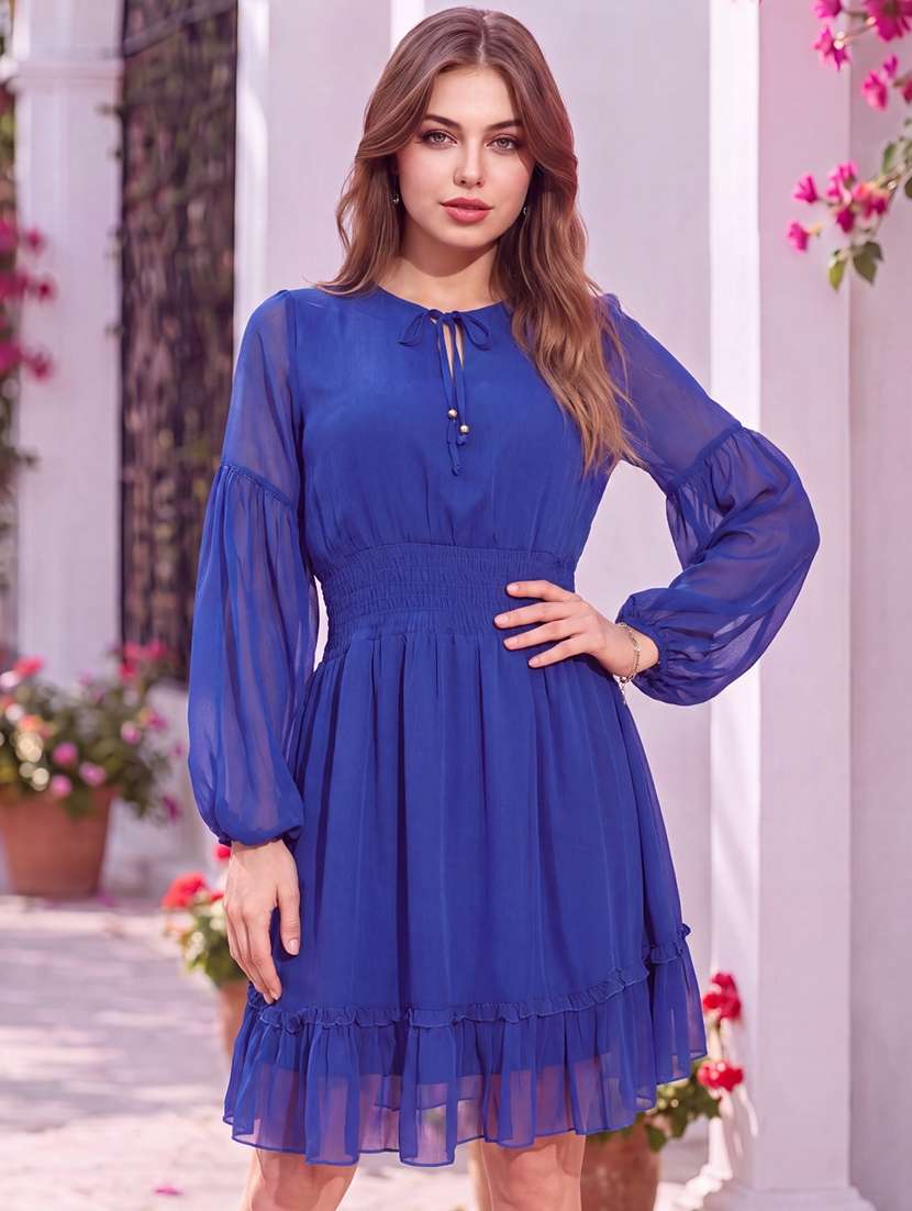 women solid long sleeves fit and flare dress