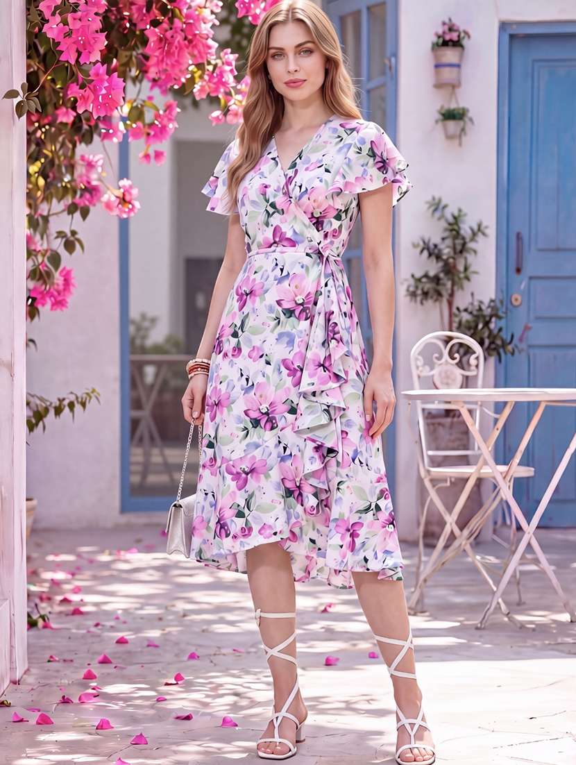 women floral printed flared sleeves wrap dress