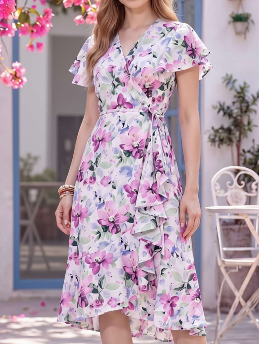 Women Floral Printed Flared Sleeves Wrap Dress - 22626810 -  Standard Image - 1