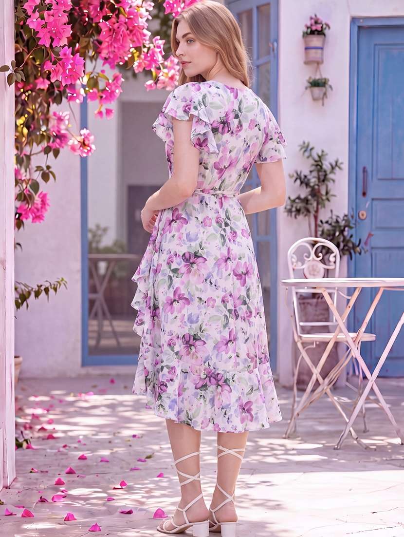 Women Floral Printed Flared Sleeves Wrap Dress - 22626810 -  Standard Image - 4