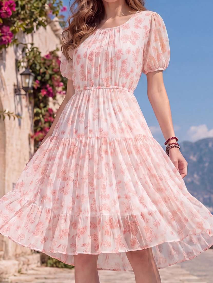Women Printed Puff Sleeves Tiered Dress - 22626812 -  Standard Image - 1