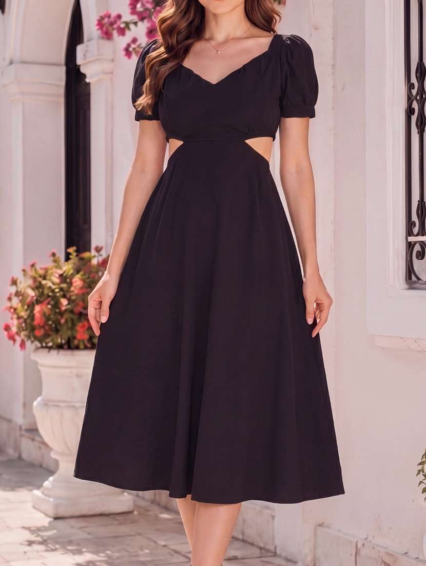 Women Solid Puff Sleeves Fit And Flare Dress - 22626818 -  Standard Image - 1