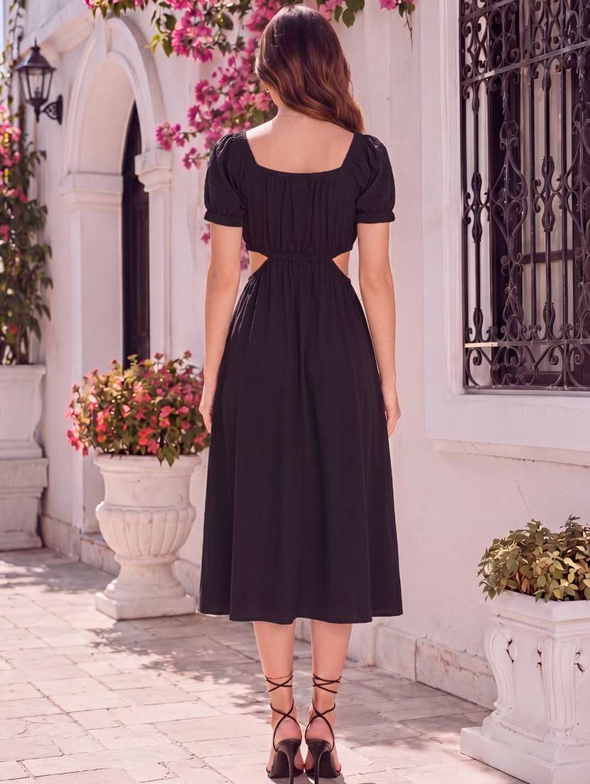 Women Solid Puff Sleeves Fit And Flare Dress - 22626818 -  Standard Image - 4