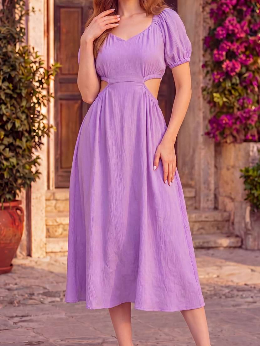 Women Solid Puff Sleeves Fit And Flare Dress - 22626820 -  Standard Image - 1