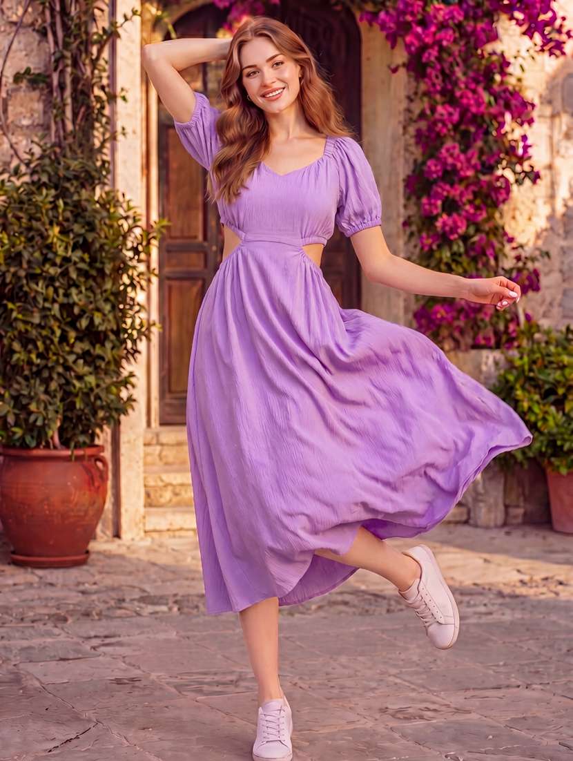 Women Solid Puff Sleeves Fit And Flare Dress - 22626820 -  Standard Image - 4