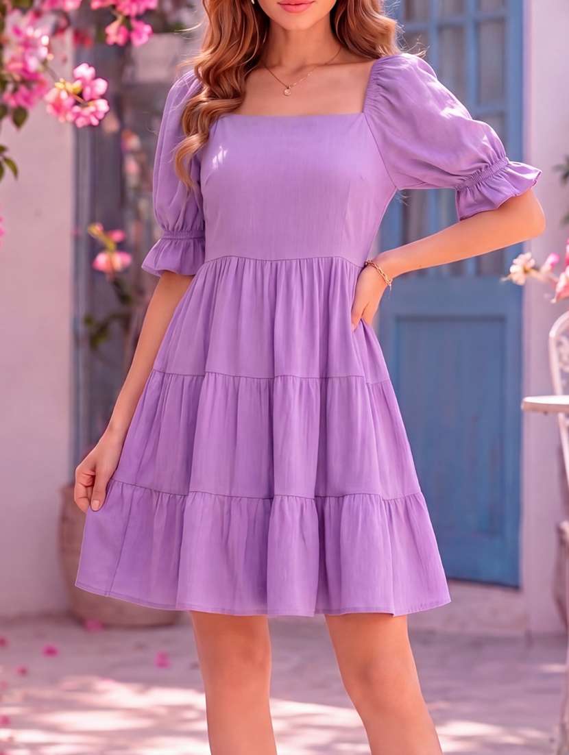 Women Solid Puff Sleeves Tiered Dress - 22626823 -  Standard Image - 1