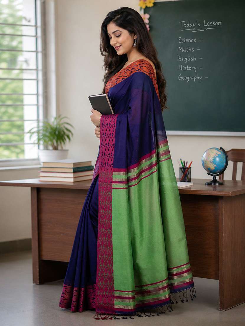 women solid with bordered handloom saree with blouse - 22626906 -  Standard Image - 1