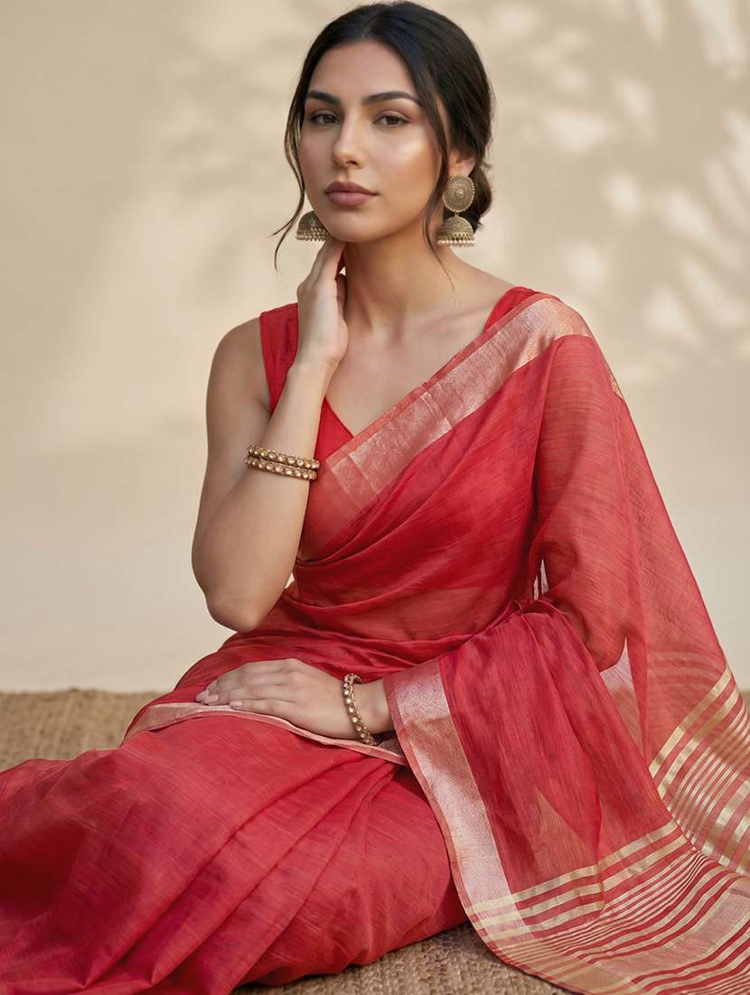 Women Solid With Bordered Saree With Blouse - 22626964 -  Standard Image - 4