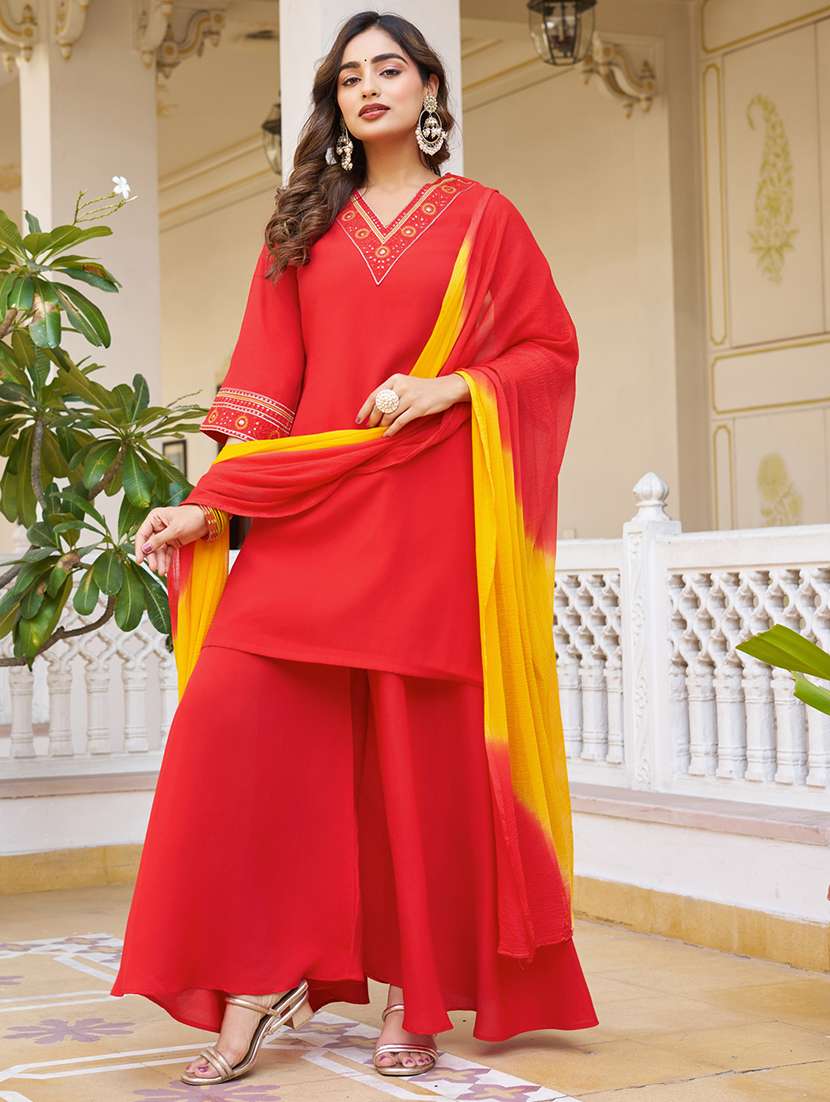 women embroidered three quarter sleeves kurta palazzo set with dupatta