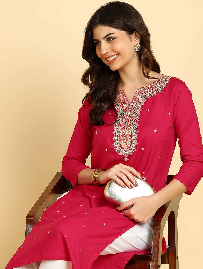 women embroidered three quarter sleeves straight kurta - 22627175 -  Standard Image - 1