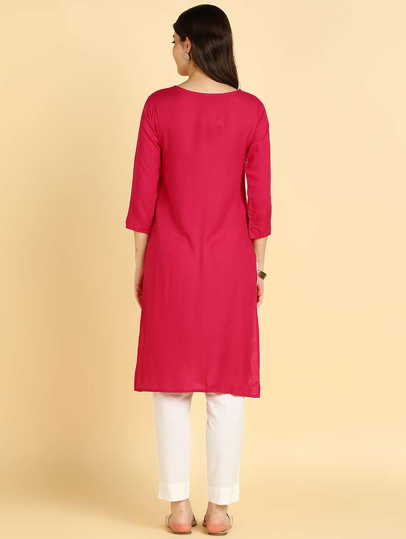 women embroidered three quarter sleeves straight kurta - 22627175 -  Standard Image - 4