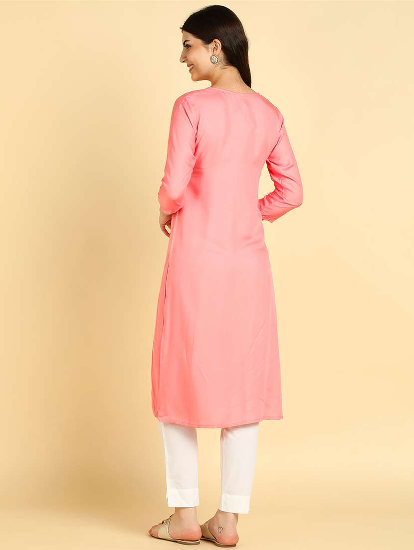 women embroidered three quarter sleeves straight kurta - 22627176 -  Standard Image - 4